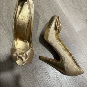 Coach Metallic Gold Peep-Toe Heels with Bow Accent